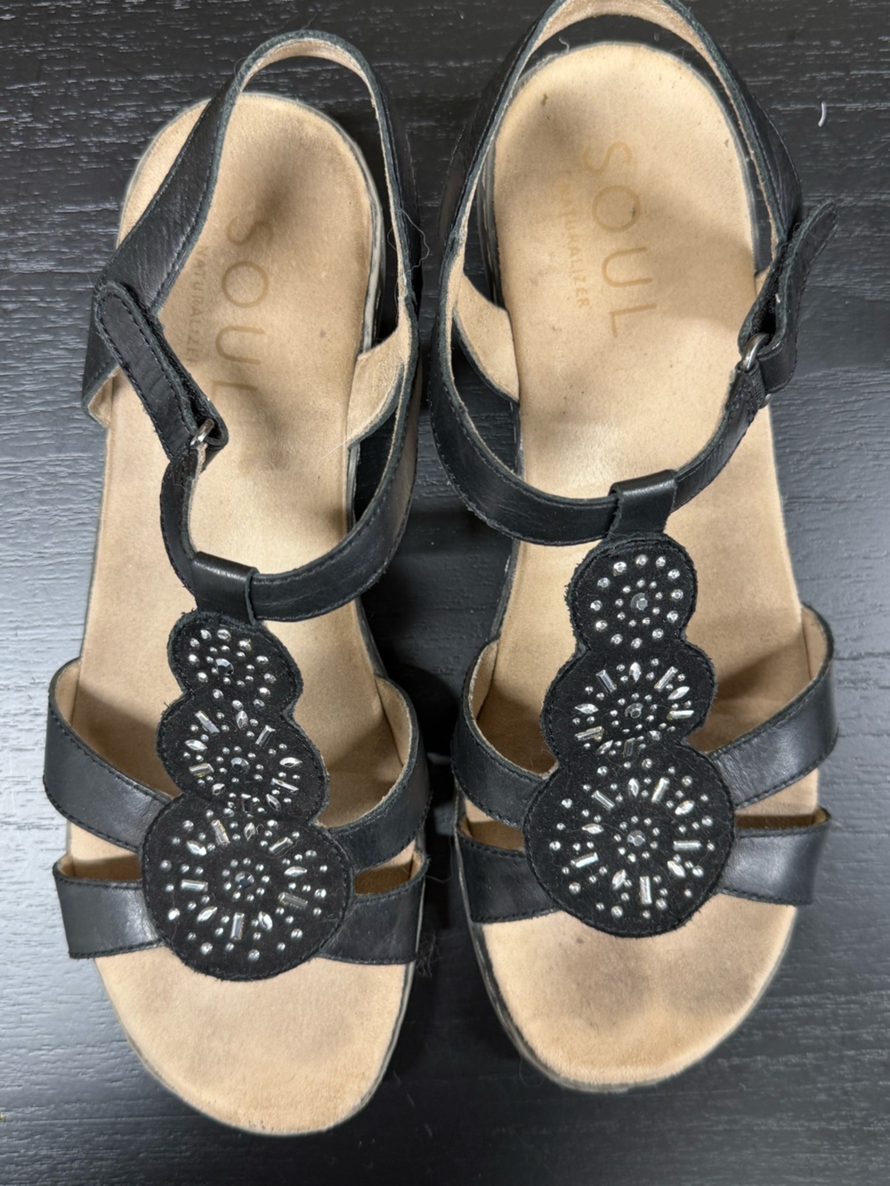 Naturalizer SOUL Black Embellished T-Strap Sandals